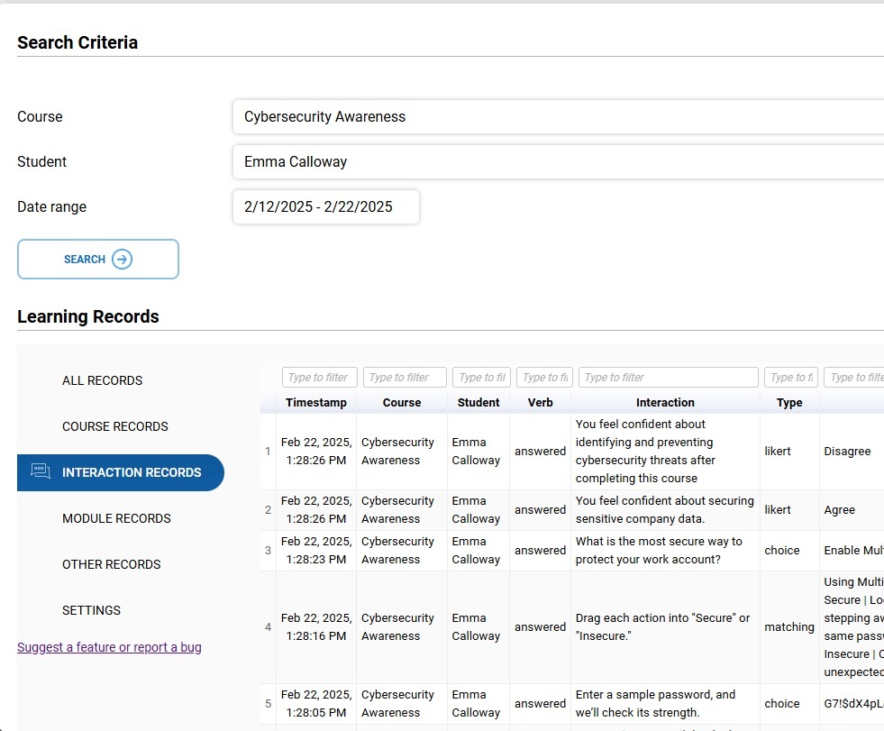 Sample xAPI LRS Report