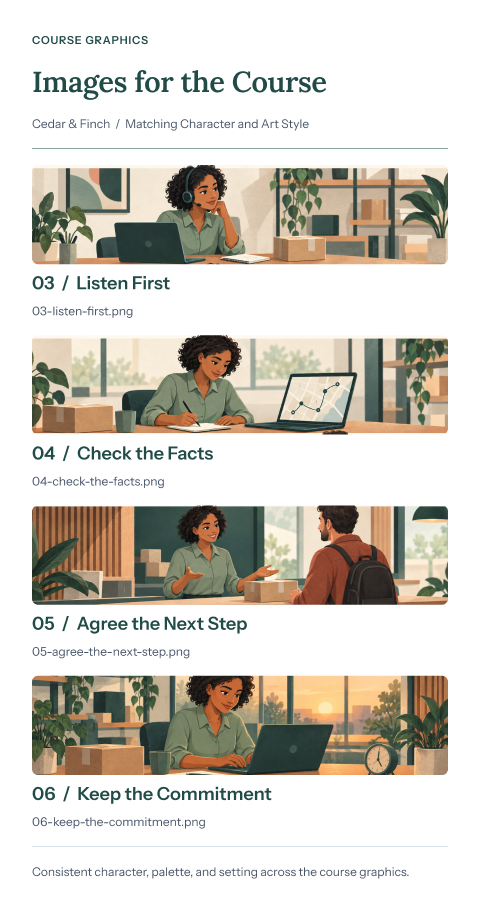 Four coordinated course illustrations of the same representative listening at a laptop, checking delivery facts, speaking with a customer, and sending a promised follow-up.