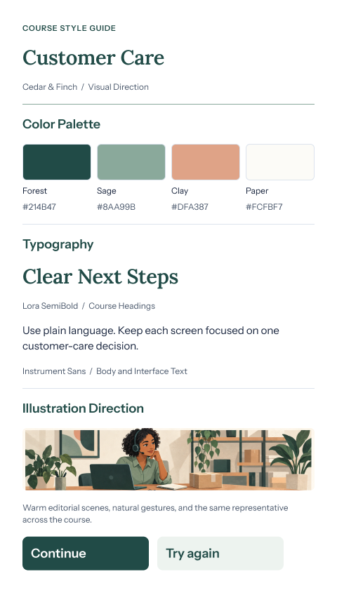 Customer care course style guide showing forest, sage, clay, and off-white colors, Lora and Instrument Sans typography, illustration direction, and sample course controls.