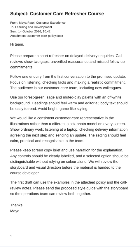 Plain email brief from a customer experience manager requesting a refresher course, consistent illustrations, and a forest-green, sage, and clay palette.