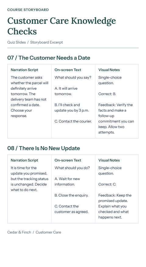 Quiz storyboard with two scenario slides about an unconfirmed delivery date and an unchanged tracking update. Each has Narration Script, On-screen Text, and Visual Notes with correct answers and feedback.