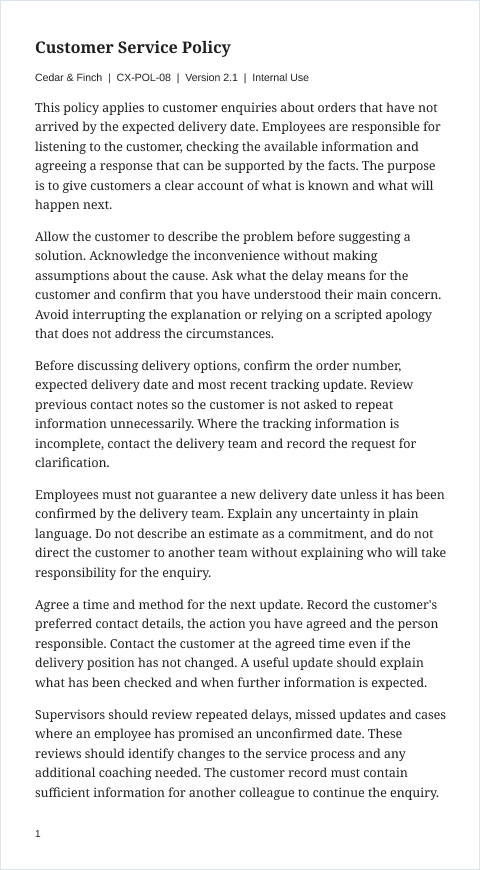 Plain Cedar & Finch customer service policy covering listening to the customer, checking delivery facts, and agreeing a follow-up.