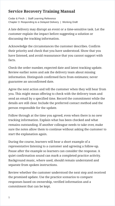 Plain service recovery training manual covering delayed deliveries, listening, verified information, realistic commitments, and course audio production notes.
