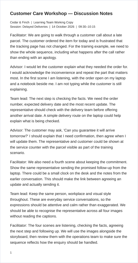 Plain workshop transcript describing four customer care scenes: listening, checking delivery information, agreeing the next step, and sending an update.