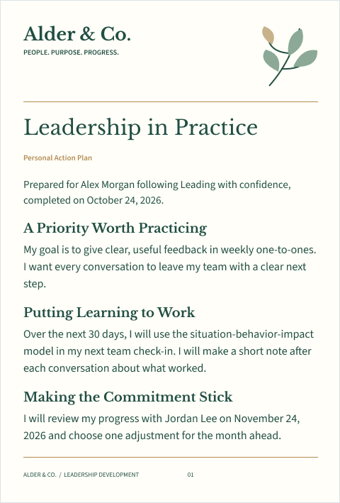 Alex Morgan’s leadership action plan, with a goal to give clear feedback, a commitment to practice in team check-ins, and a November 24 review with Jordan Lee written into the document.