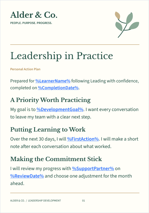 Alder & Co. leadership action plan template with highlighted inline placeholders for the learner’s name, development goal, first action, accountability partner, and review date.