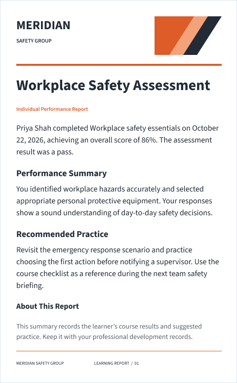 Priya Shah’s workplace safety assessment report showing a passing score of 86 percent, feedback on identifying hazards and protective equipment, and a recommendation to revisit emergency response practice.