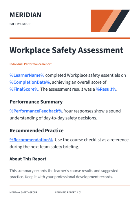 Meridian Safety Group assessment report template with highlighted placeholders for the learner, completion date, score, result, performance feedback, and recommended practice.