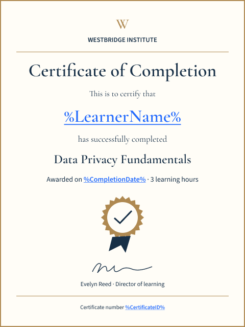 Westbridge Institute certificate template with a navy-and-gold seal, signature, and highlighted placeholders for the learner’s name, award date, and certificate number.