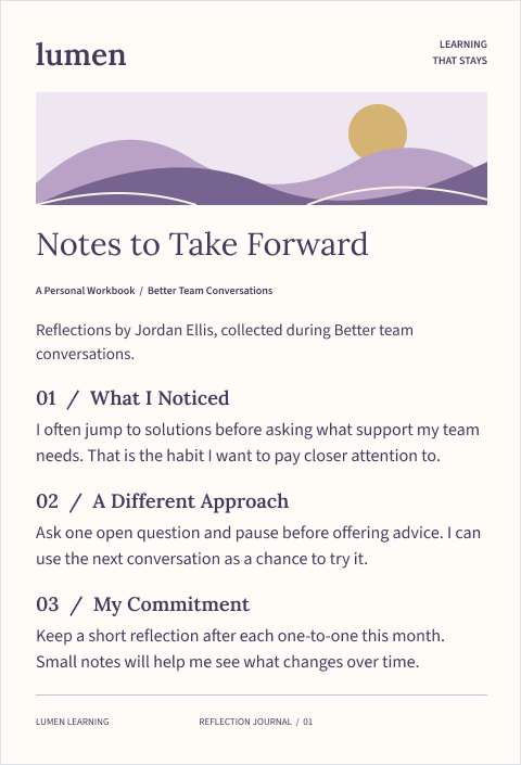 Jordan Ellis’s learning workbook bringing together reflections on listening before offering solutions, asking an open question, and keeping notes after one-to-one conversations.