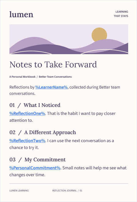 Lumen Learning workbook template with purple landscape artwork and inline placeholders for the learner’s name, reflections, and personal commitment.